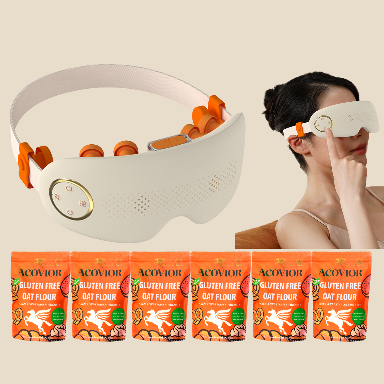 Premium eye massager and gluten-free oat flour wellness gift bundle by Acovior