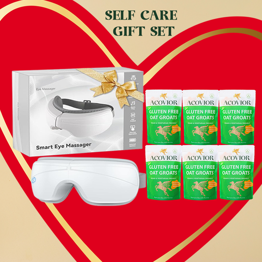 Self care gift set with smart eye massager and Acovior oat groats on a heart-shaped background