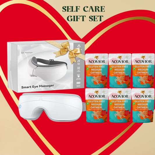 Self care gift set with smart eye massager and Acovior oatmeal packages on a heart-shaped background.