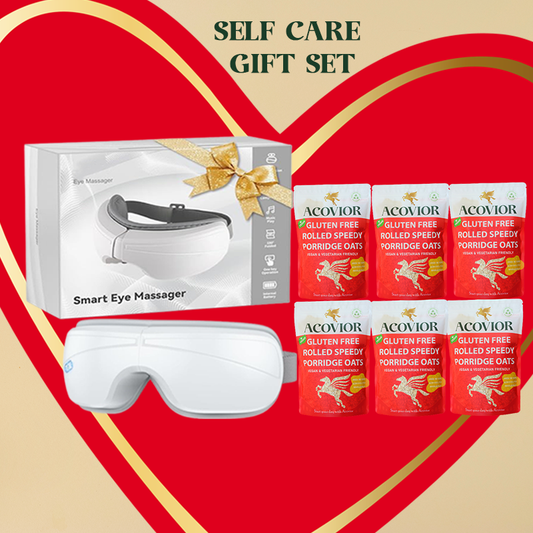 Acovior Gluten Free Rolled Speedy Porridge Oats Wellness & Self-Care Gift Bundle with Eye Massager