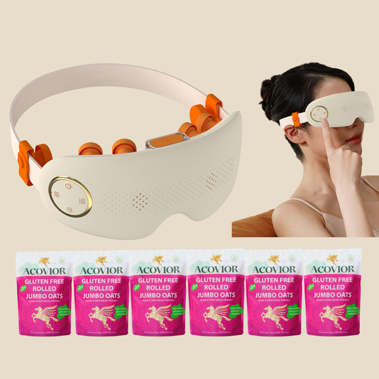 Premium eye massager and gluten-free rolled jumbo oats wellness gift bundle by Acovior