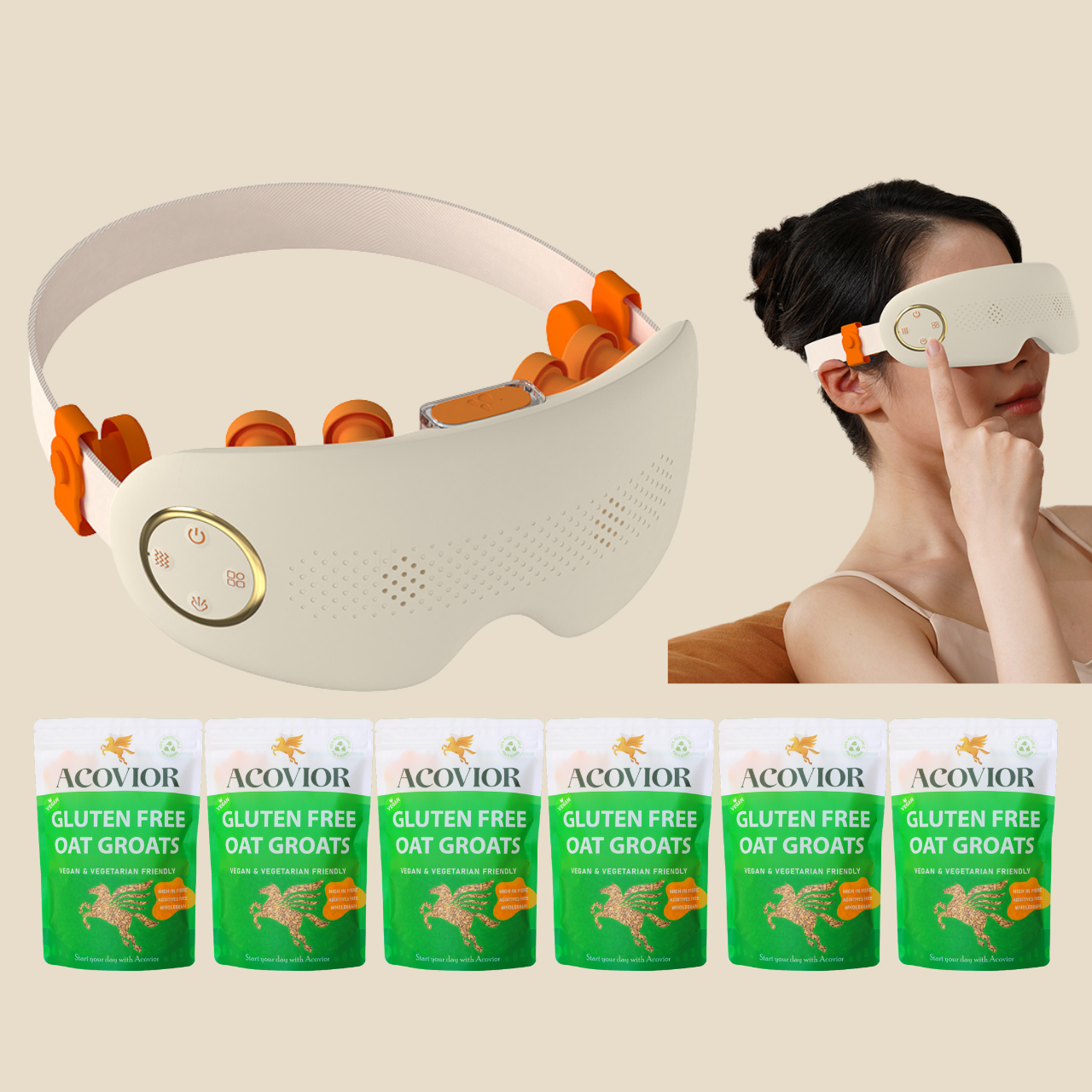 Premium eye massager and gluten-free whole oat groats wellness gift bundle by Acovior