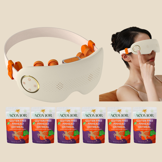 Premium eye massager and gluten-free pinhead oatmeal wellness gift bundle by Acovior