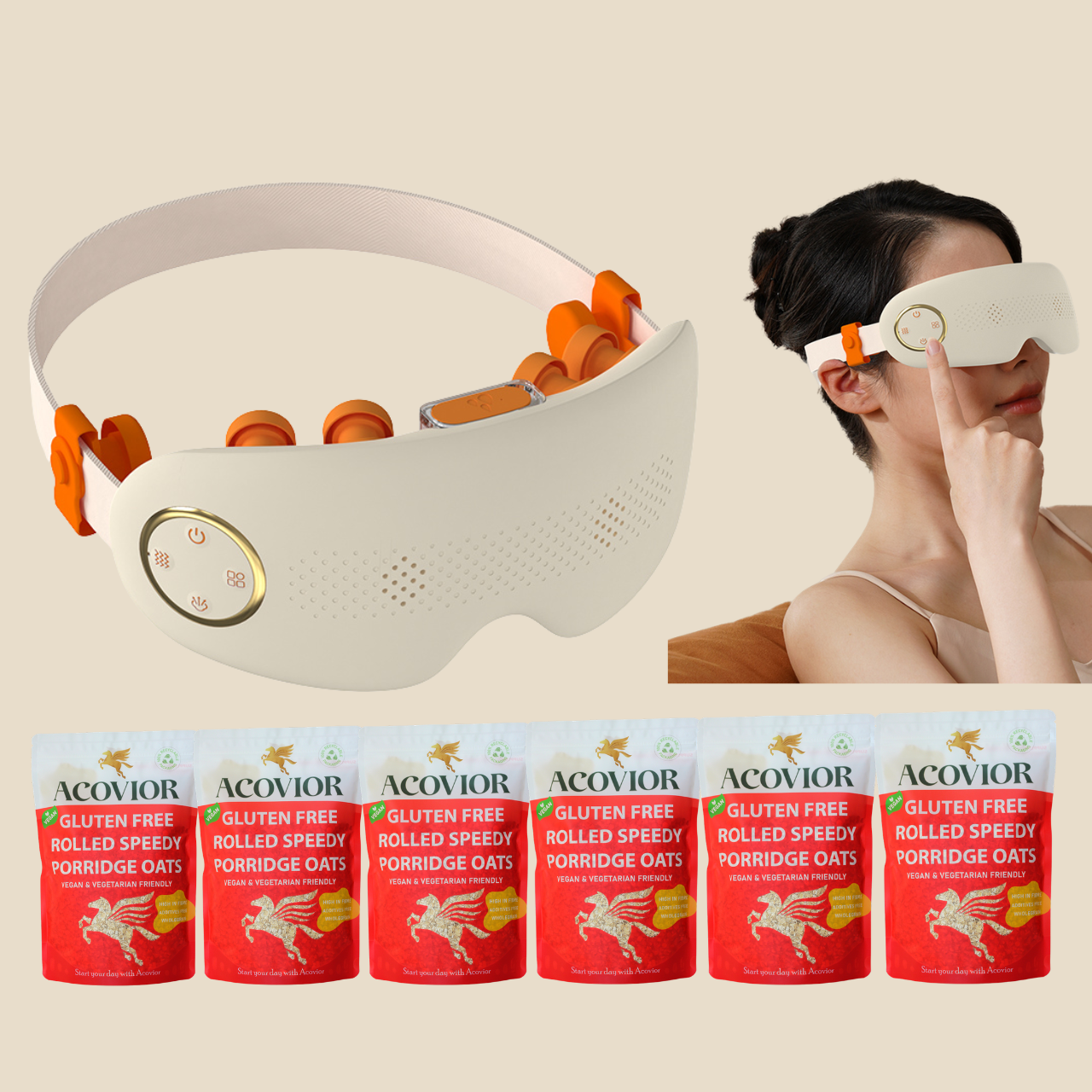 Acovior Premium Wellness Eye Massager & Gluten-Free Speedy Porridge Oats Collection (6 × 400g)