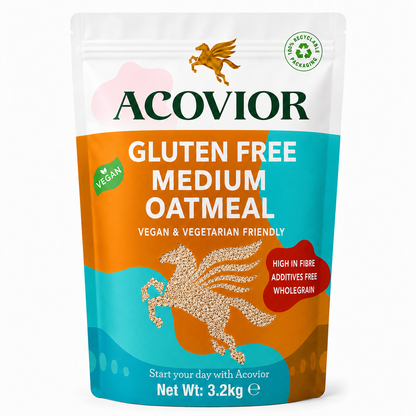A 3.2kg stand-up pouch of Acovior Gluten Free Medium Oatmeal, featuring a white, orange, and teal color-blocked design with a Pegasus illustration and a green Vegan badge.