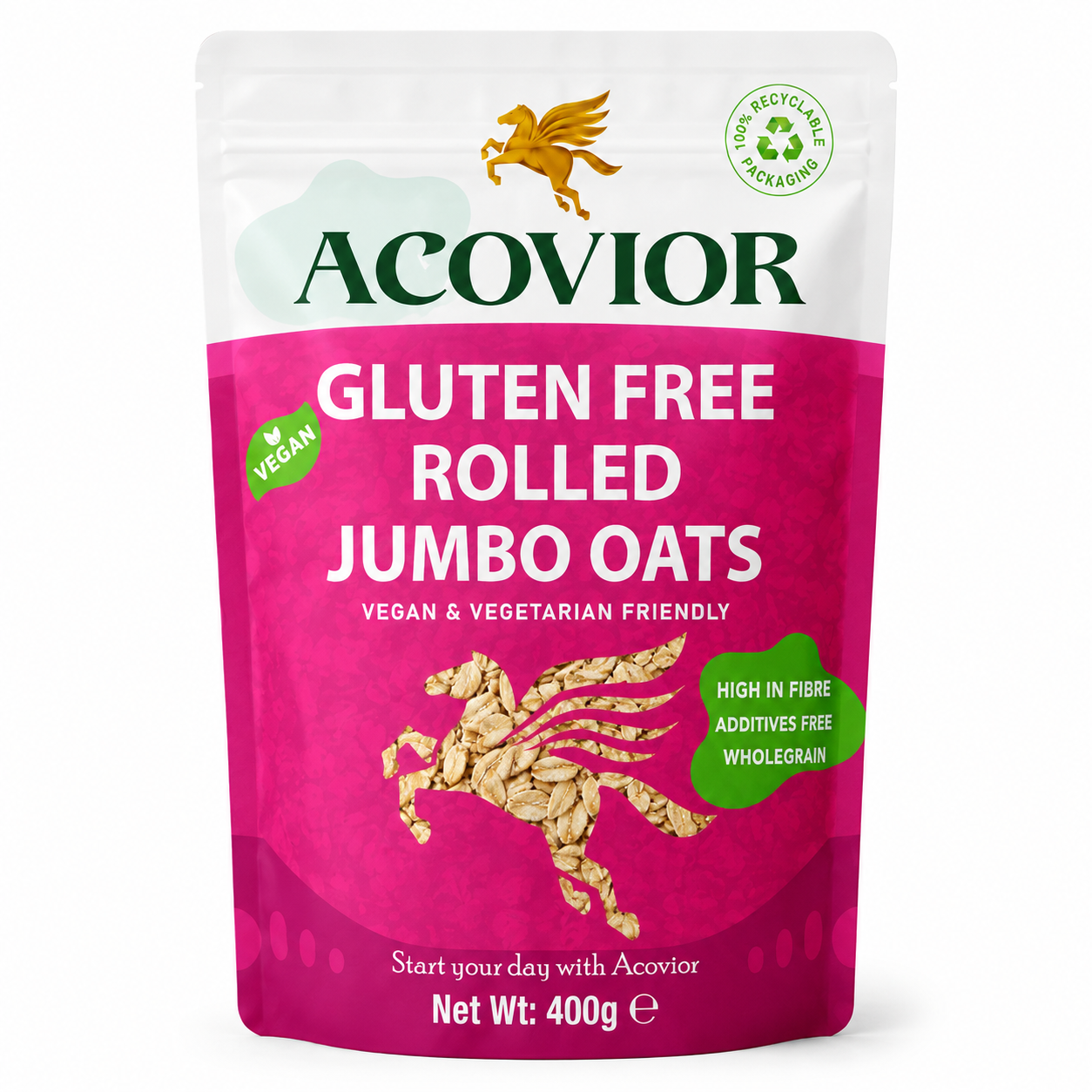 Acovior Gluten‑Free Rolled Jumbo Oats 400g Standard Pack front of pack