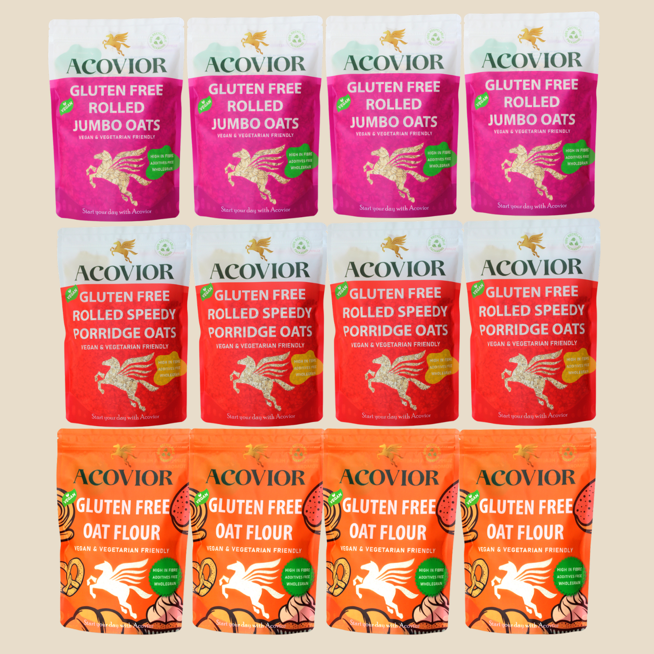 Acovior gluten-free breakfast starter pack – jumbo oats, speedy oats and oat flour