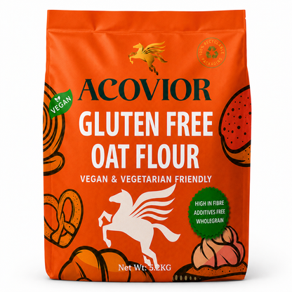 Front view of Acovior Gluten‑Free Oat Flour 5.2kg packaging with Pegasus logo and bright orange design