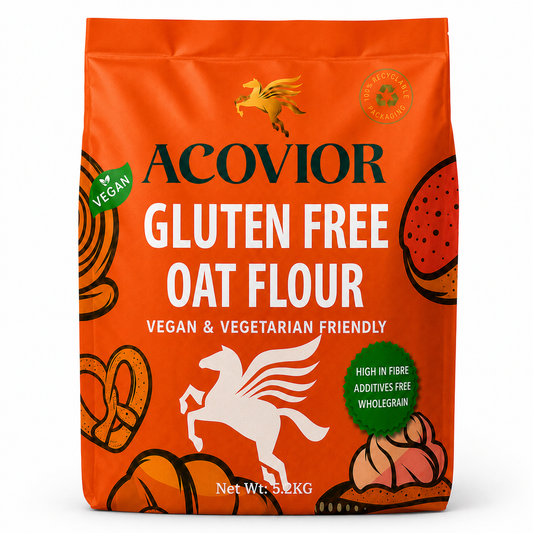 Front view of Acovior Gluten‑Free Oat Flour 5.2kg packaging with Pegasus logo and bright orange design