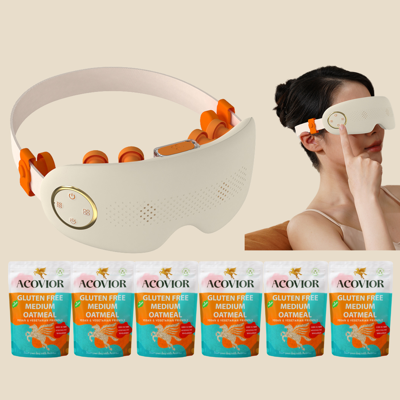 Gluten-free wellness bundle with eye massager and medium oatmeal by Acovior