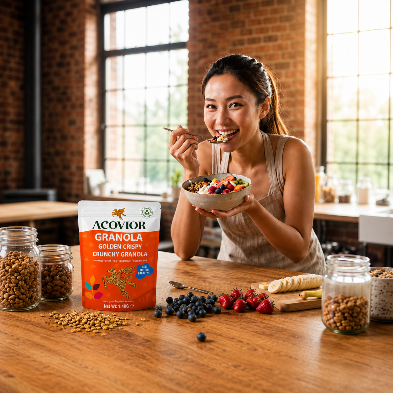 Acovior Golden Crispy Crunchy Granola 1.4 kg lifestyle breakfast scene
