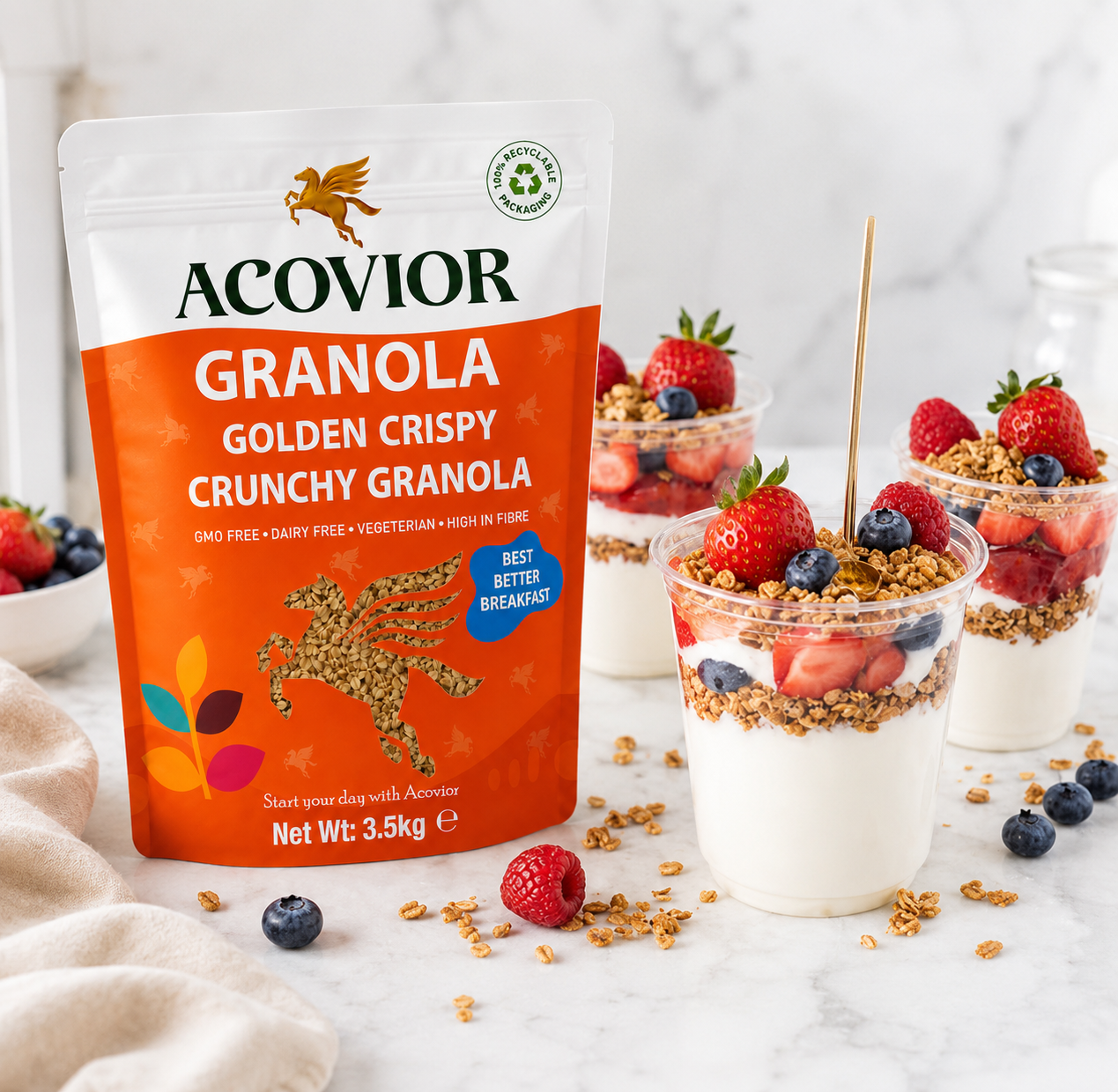 Acovior Golden Crispy Crunchy Granola 3.5 kg served with yoghur