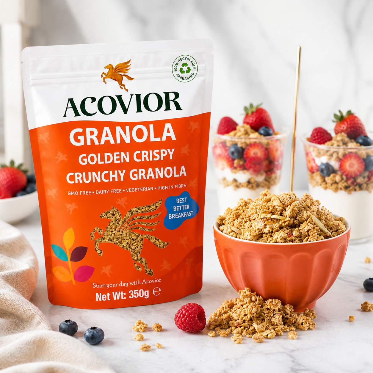 Acovior Golden Crispy Crunchy Granola 350g lifestyle breakfast scene