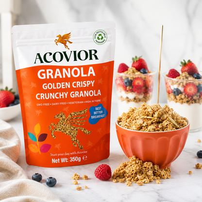 Acovior Golden Crispy Crunchy Granola 350g lifestyle breakfast scene