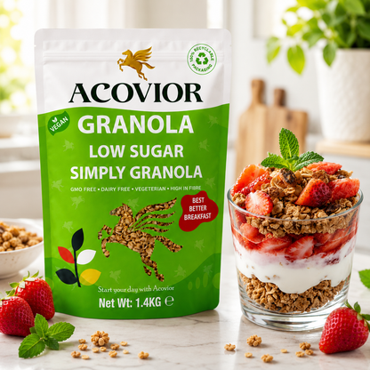 A bag of Acovior Granola, Low Sugar Simply Granola, shown next to a glass parfait filled with granola, strawberries, and white cream on a light countertop with fresh strawberries and mint leaves.