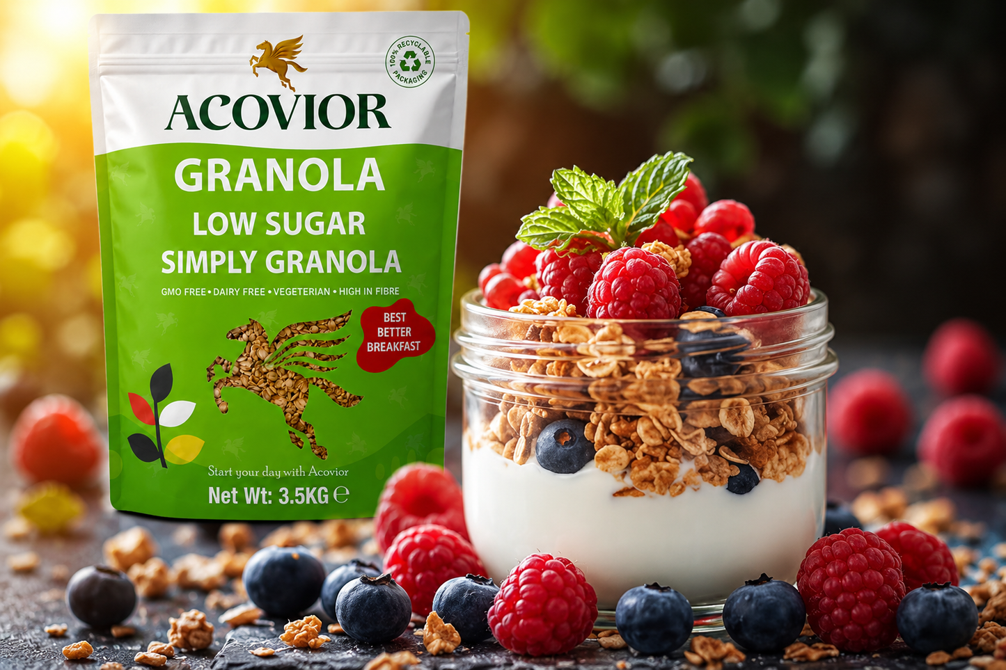 A 3.5 kg bag of Acovior Granola stands next to a glass jar filled with yogurt and topped with fresh raspberries, blueberries, and a mint leaf, surrounded by scattered granola and berries on a dark rustic surface with a blurred outdoor background.