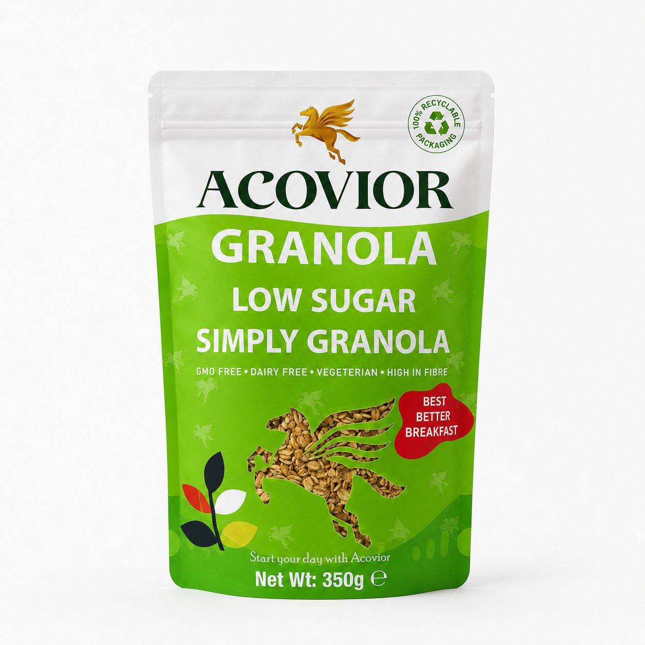 Acovior Low Sugar Simply Granola 350g front pack showing green and white recyclable pouch design with golden winged horse logo and “Low Sugar Simply Granola” label.
