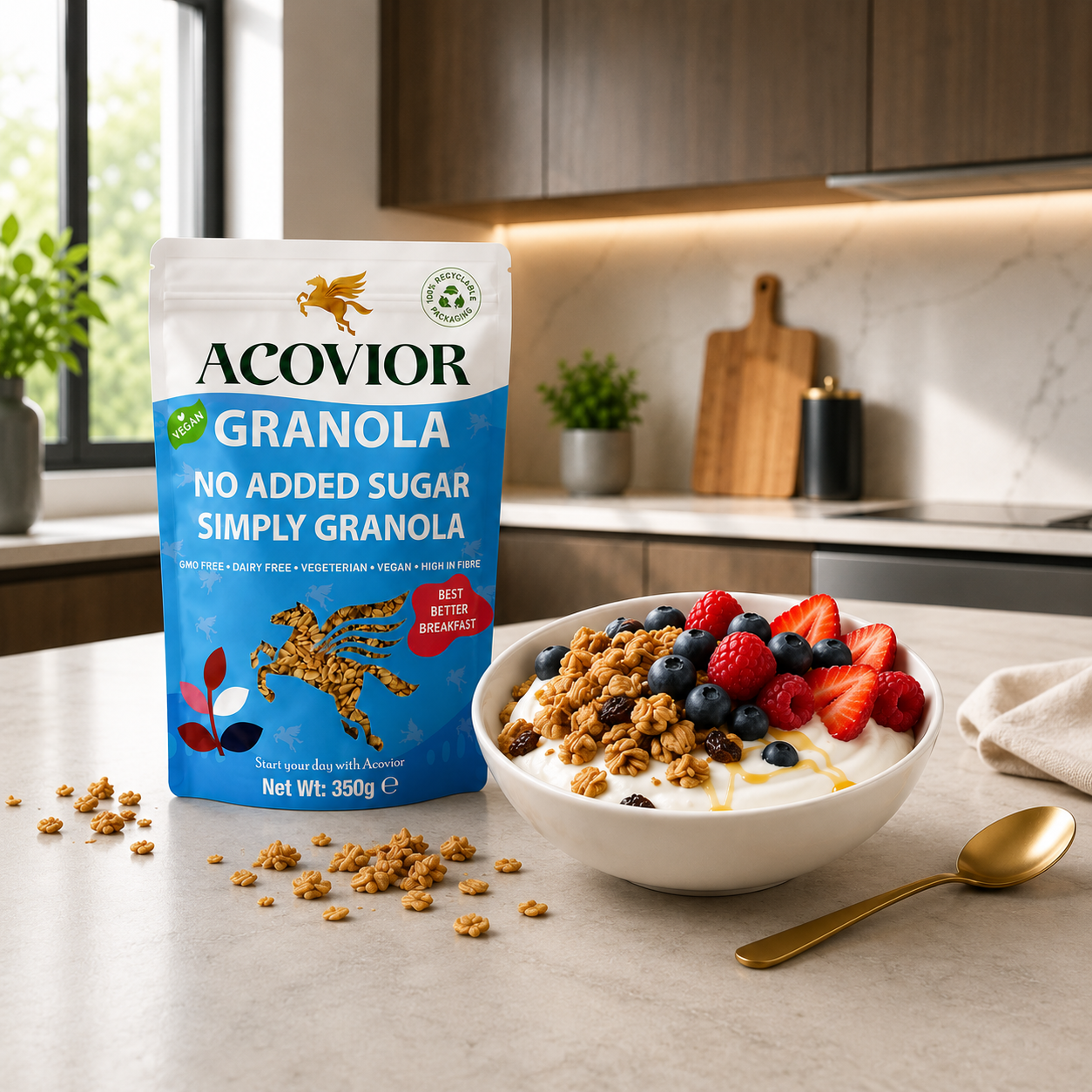 Acovior No Added Sugar Simply Granola 350g served with yoghurt