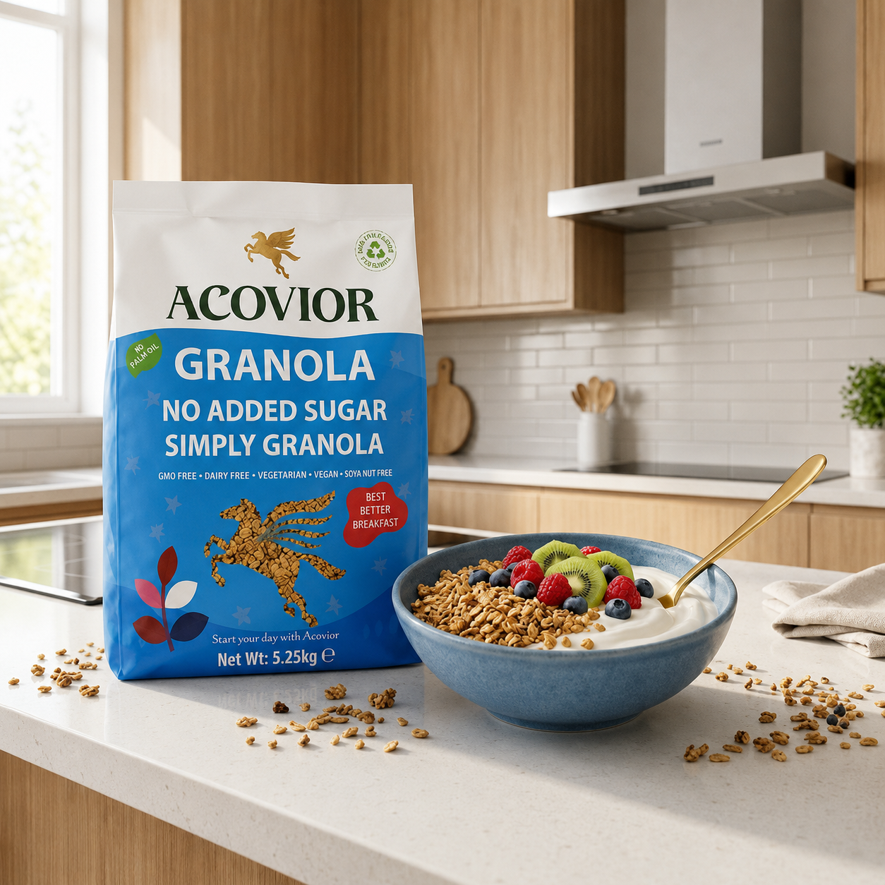Acovior No Added Sugar Simply Granola 5.25 kg Bulk Pack served with yoghurt