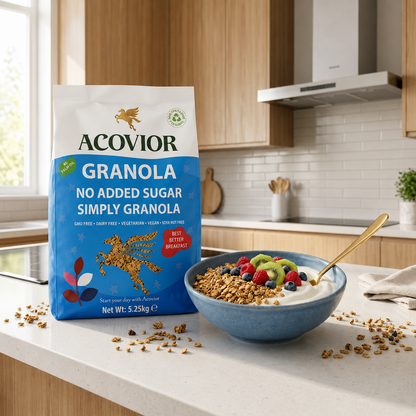 Acovior No Added Sugar Simply Granola 5.25 kg Bulk Pack served with yoghurt