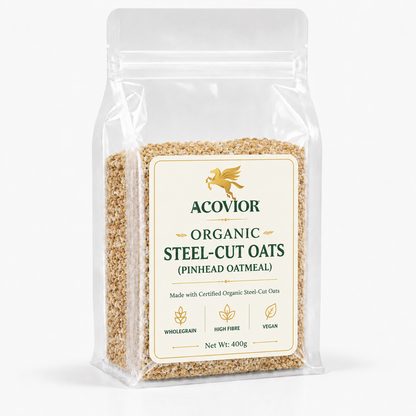 Acovior Organic Steel‑Cut Oats 400g side of pack