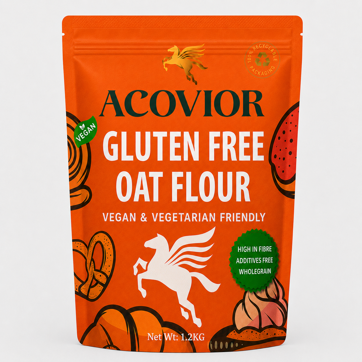 Acovior Gluten‑Free Oat Flour 400 g pack on white background showing vegan and vegetarian friendly label
