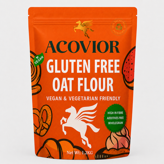 Acovior Gluten‑Free Oat Flour 400 g pack on white background showing vegan and vegetarian friendly label
