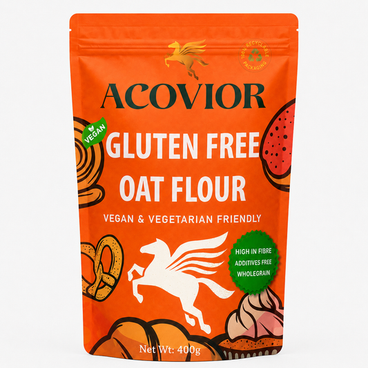 Acovior Gluten‑Free Oat Flour 400 g pack on white background showing vegan and vegetarian friendly label